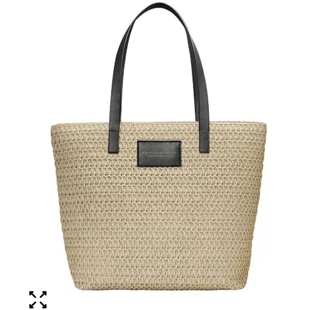 Donna Karan Woven Beige Tote with Black Handles